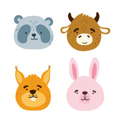 Collection of cute funny animal faces, heads. Set of various cartoon isolated muzzles. Vector illustration for print on children's clothing, greeting cards, nursery, stickers, stationery, room decor
