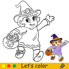 Halloween kids coloring with template a girl in a witch costume