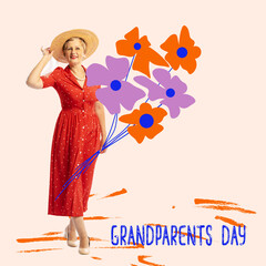 Middle age stylish woman, modern grandmother expresses happy, positive emotions. Creative art design for Grandparents Day greeting Card.