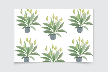 Seamless pattern with watercolor house green plants