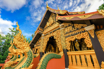 Landmark Sunrise with sky at Wat Phra That Doi Phra Chan on the top hill of Doi Phra Chan mountain...