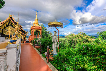 Landmark Sunrise with sky at Wat Phra That Doi Phra Chan on the top hill of Doi Phra Chan mountain...