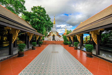 Landmark Sunrise with sky at Wat Phra That Doi Phra Chan on the top hill of Doi Phra Chan mountain...