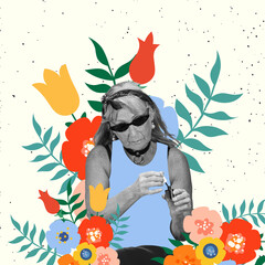 Middle age stylish woman, modern grandmother expresses happy, positive emotions. Creative art design for Grandparents Day greeting Card.