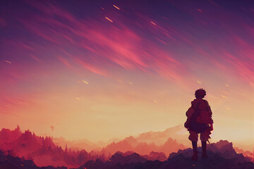 Fototapeta premium Epic adventurer warrior standing and looking at the sunset. Fantasy digital painting artwork. Illustration of a man in armor and sword traveling across the kingdom. Orange adventure landscape.