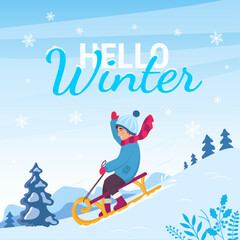 Cute winter scene happy boy sledding down. Smiling child riding on sleigh. Cartoon greeting card with winter landscape. Holiday background with Hello winter text. Vector flat design illustration