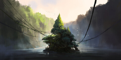 Mysterious tree on the island in the middle of the lake, 3D illustration.
