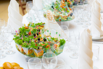 Buffet with meat, fish and vegetable delicacies snacks. Restaurant business. Catering.