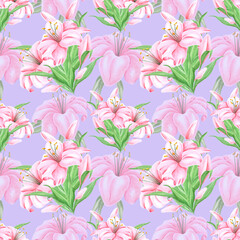 Handdrawn lily flowers seamless pattern. Watercolor pink lily on the purple background. Scrapbook design, typography poster, label, banner, textile.