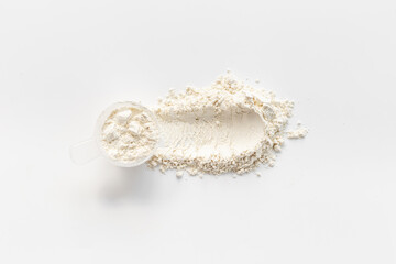 Whey protein powder on scoop. Fitness and gym diet nutrition