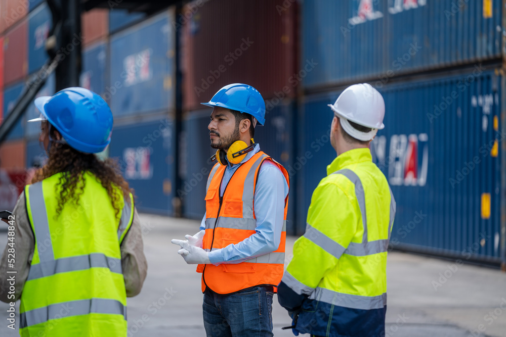Poster Engineer team inspect and checking stock into container for loading,Container in export and import business and logistics.