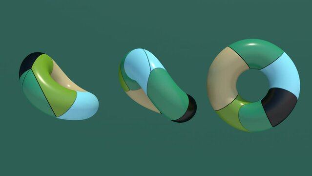 Group of green, blue, black, beige circle shapes rotating. Abstract animation, 3d render.