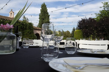buffet, conference, dinner, dinner event, evening, event, glasses, outdoor, reception, tables, venue, wedding
