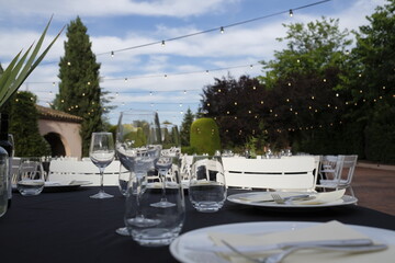 buffet, conference, dinner, dinner event, evening, event, glasses, outdoor, reception, tables, venue, wedding