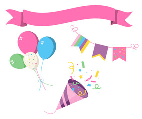 Vector holiday set. Pink Confetti and clapper. Ribbons and balloons to design holiday invitations or posters. 