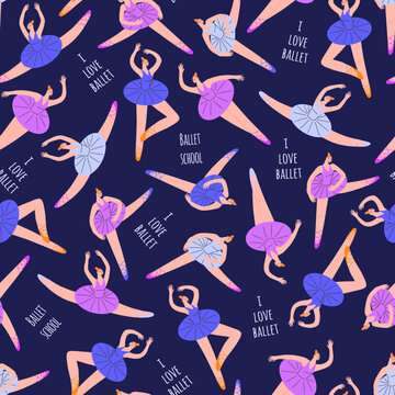 Seamless vector pattern with ballerinas in different positions.