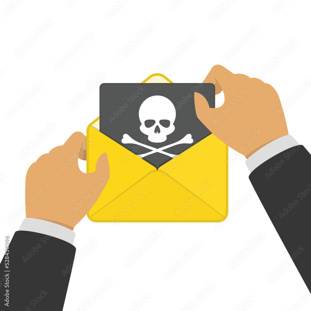 Poster open envelope and document with skull in hands. virus, malware, email fraud, e-mail spam or hacker a