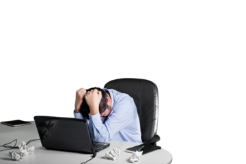 A Frustrated and desperate businessman in his office isolated on white background