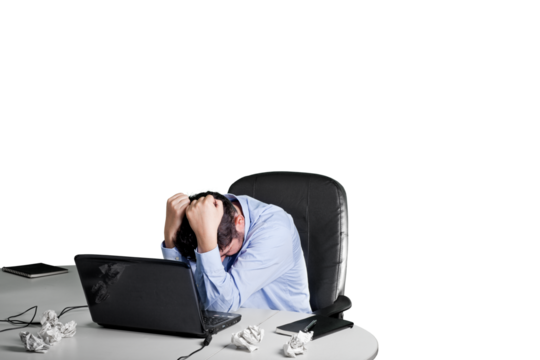 A Frustrated and desperate businessman in his office isolated on white background - Powered by Adobe