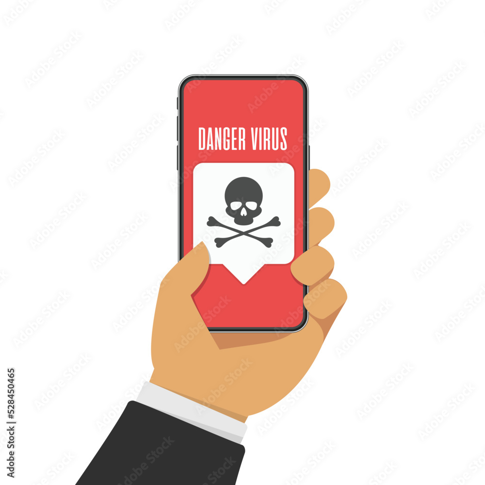 Poster malware notification on smartphone. mobile phone with skull bone bubble speech on the screen. spam d