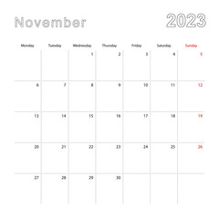 Simple wall calendar for November 2023 with dotted lines. The calendar is in English, week start from Monday.