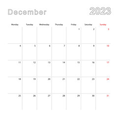 Simple wall calendar for December 2023 with dotted lines. The calendar is in English, week start from Monday.