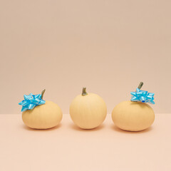 Obraz na płótnie Canvas Three little pumpkins with bright blue ribbons on pastel beige background. Aesthetic Thanksgiving or Halloween composition in a minimalist style, trendy colors.