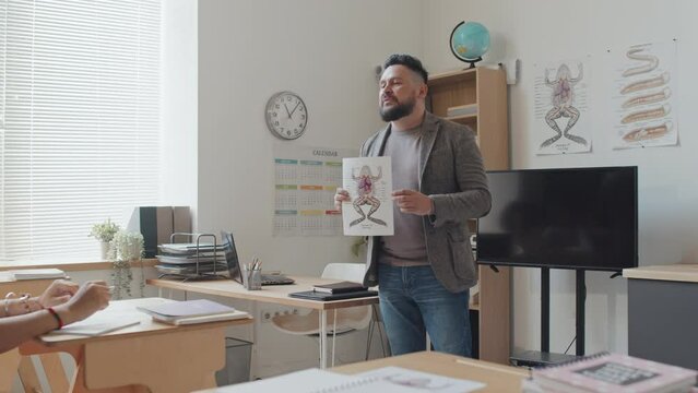 Low angle side-view of bearded male biology teacher holding image of frog anatomy, talking to students who sitting at desks in classroom