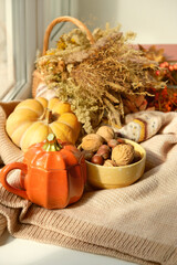 Autumn background. Pumpkin shape cup, nuts, pumpkin, dry grass and knitted sweater close up on windowsill. symbol of fall season. home cozy composition for Halloween, Thanksgiving holiday