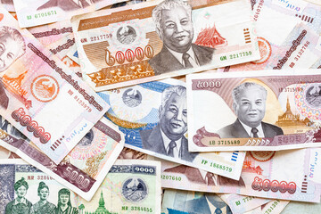 Top view Laos money kip banknotes, LAK, Laos Kip banknotes background. Money background. Laos currency, Kip. Pattern texture and background of Laos Kip money.