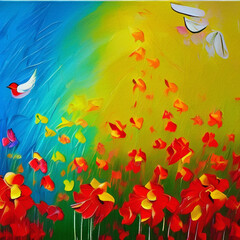 Obraz na płótnie Canvas Colorful abstract oil and acrylic mixed painting floral art. Modern vibrant drawing flowers, large brush strokes and palette colors. Impressionism contemporary style.