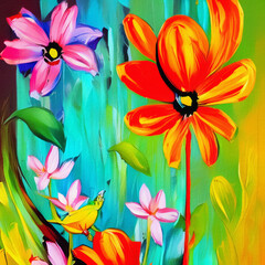 Colorful abstract oil and acrylic mixed painting floral art. Modern vibrant drawing flowers, large brush strokes and palette colors. Impressionism contemporary style.