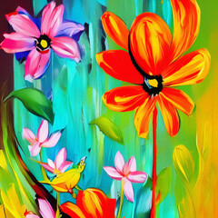 Obraz premium Colorful abstract oil and acrylic mixed painting floral art. Modern vibrant drawing flowers, large brush strokes and palette colors. Impressionism contemporary style.