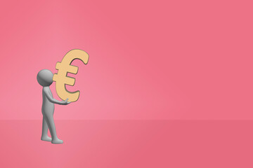 man carrying money concept 3D figure carrying a 3D gold metal euro currency symbol sign