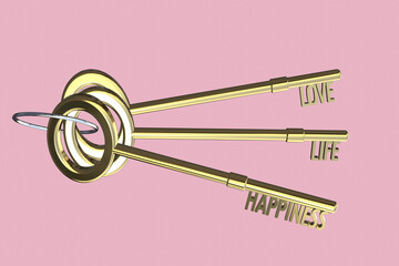 key to love concept key to life concept key to happiness concept bunch of keys 3d render gold keys