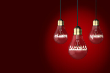 Education concept old style light bulb light bulbs education application success concept glowing text on a red background