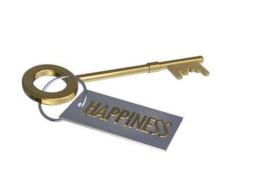 key to happiness concept gold 3D key with key ring tag with text word words happiness concept cut out isolated on white background