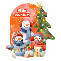 Watercolor Christmas illustration, snowman and christmas tree