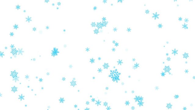 Abstract turquoise snowflakes falling slowly from the sky. White background. Overlay. Snowfall in winter. 29,97 fps 