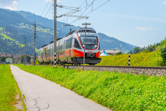 Modern electrified train near Schladming