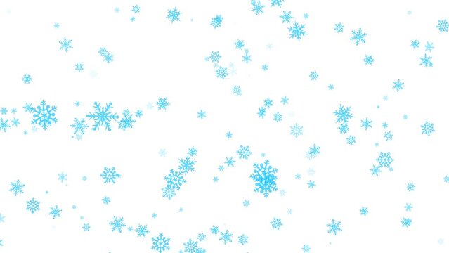 Abstract turquoise snowflakes falling slowly from the sky. White background. Overlay. Snowfall in winter. 59,94 fps 
