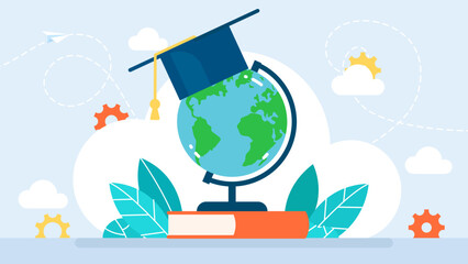 Globe with graduation cap on books. Educational tourism. Distance education. Globalization. Concept of global education, international exchange program, studying abroad. Flat vector illustration