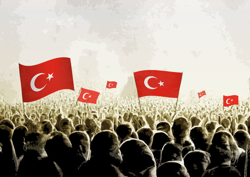 Crowd With The Flags Of Turkey, People Cheering National Team Of Turkey. Ai Generated Illustration Of Crowd.