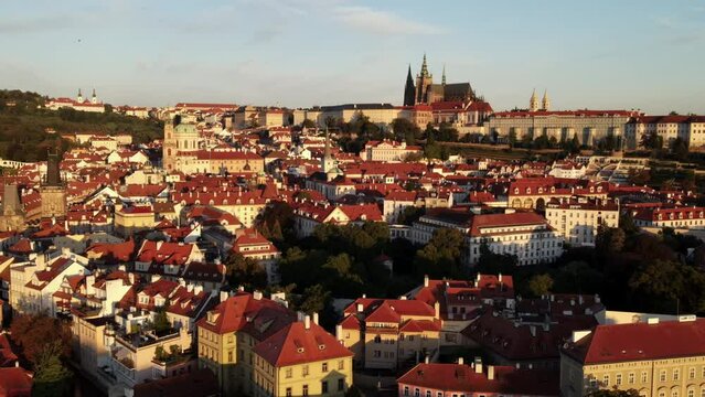 aerial view on Prague and the castle during sunrise