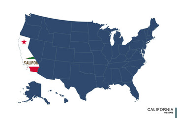 State of California on blue map of United States of America. Flag and map of California.