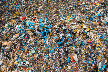 Aerial view of a garbage dump. Environmental pollution with nondegradable plastic.