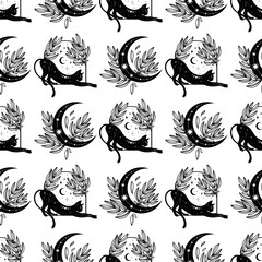 Seamless pattern with a cat. Mystical pattern. Black cat, halloween, Sun, stars, moon, moon phases. Vector. © Prozo
