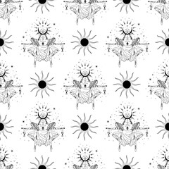 Seamless pattern with witch, girl. Mystical pattern. halloween, sun, stars, moon, moon phases. Vector. © Prozo