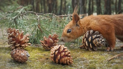 Pine cones in the forest.The squirrel is looking for nuts, cones in the forest, found, sniffing, two dry yellow orange cones in the forest