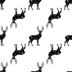 Seamless pattern with deer. Mystical pattern. Sun, stars, moon, phases of the moon. Vector.